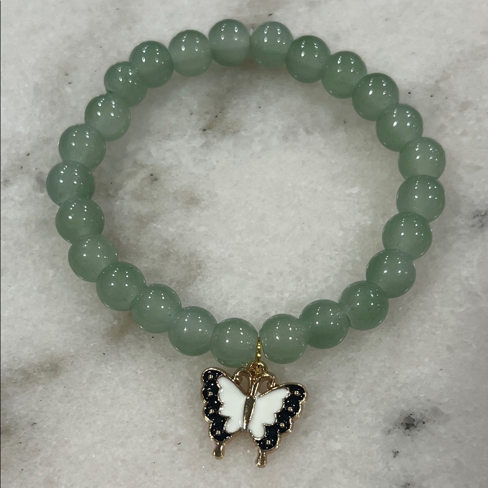 Green Beaded Bracelet with Butterfly Charm
